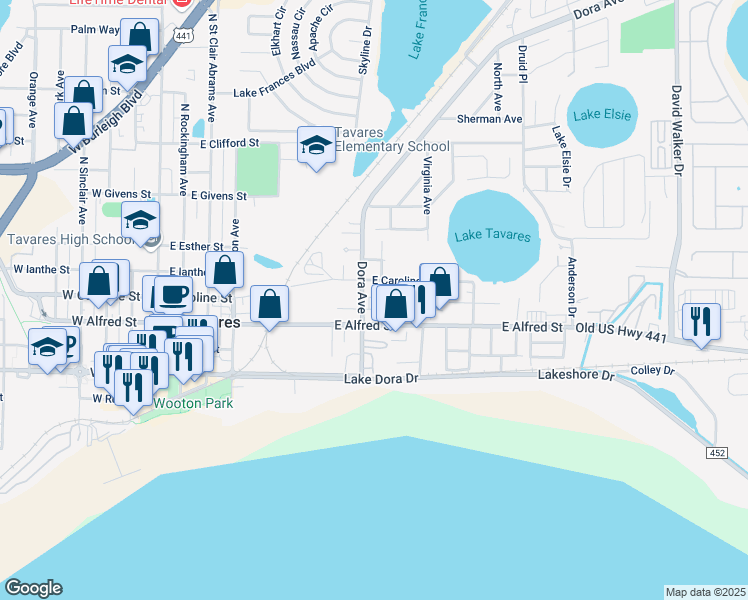 map of restaurants, bars, coffee shops, grocery stores, and more near 380 Dora Avenue in Tavares