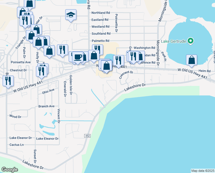 map of restaurants, bars, coffee shops, grocery stores, and more near 2644 McDonald Terrace in Mt Dora