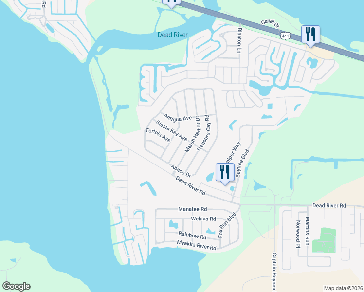 map of restaurants, bars, coffee shops, grocery stores, and more near 4519 Barbuda Drive in Tavares