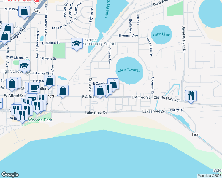 map of restaurants, bars, coffee shops, grocery stores, and more near 1202 Osceola Avenue in Tavares
