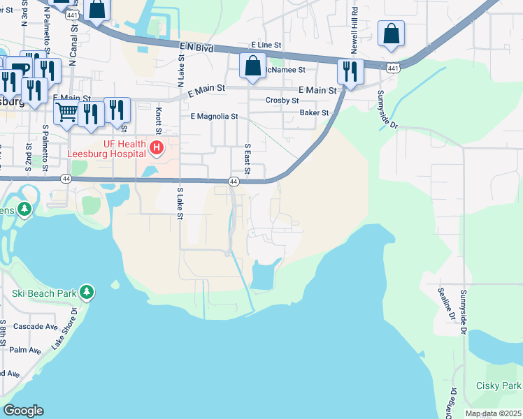 map of restaurants, bars, coffee shops, grocery stores, and more near 833-899 Lake Port Boulevard in Leesburg