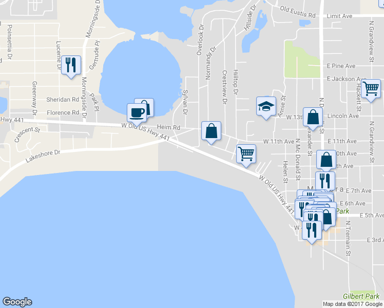 map of restaurants, bars, coffee shops, grocery stores, and more near 1200 Oakland Lane in Mount Dora