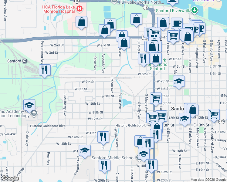 map of restaurants, bars, coffee shops, grocery stores, and more near 1107 West 9th Street in Sanford