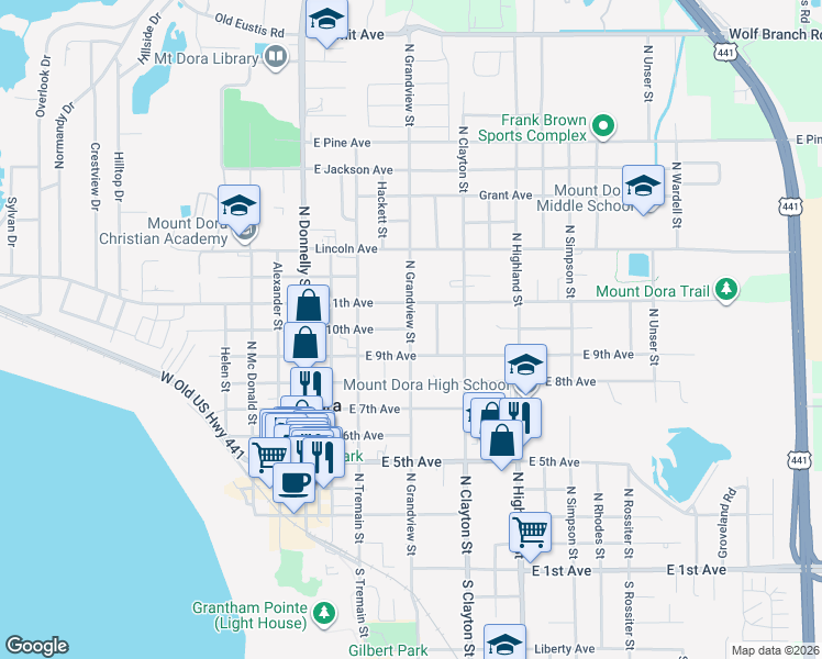 map of restaurants, bars, coffee shops, grocery stores, and more near 998 North Grandview Street in Mount Dora