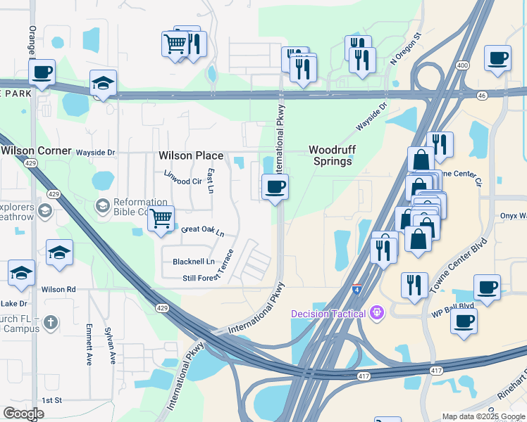 map of restaurants, bars, coffee shops, grocery stores, and more near 5739 Byron Anthony Place in Sanford