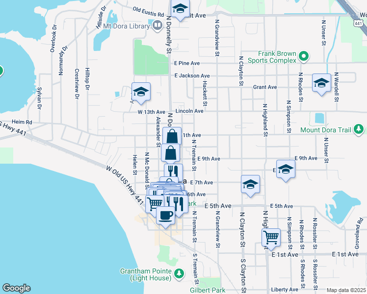 map of restaurants, bars, coffee shops, grocery stores, and more near 916 North Baker Street in Mount Dora