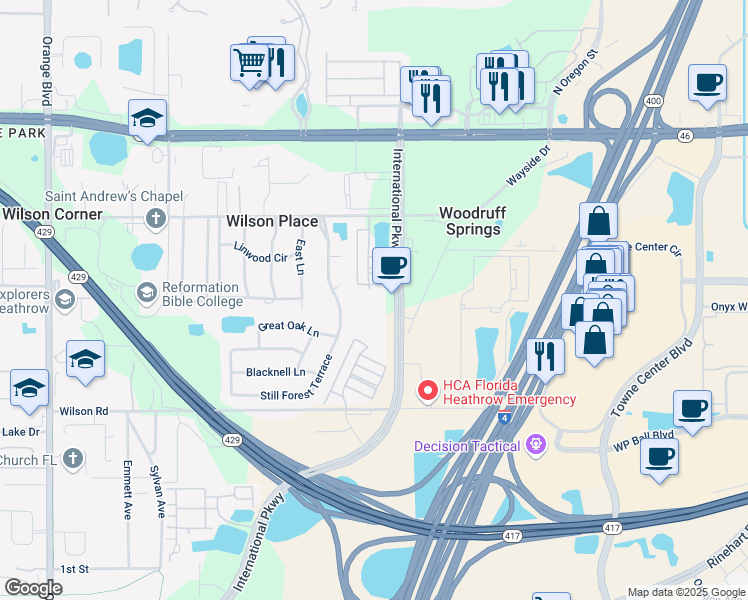 map of restaurants, bars, coffee shops, grocery stores, and more near 5739 Byron Anthony Place in Sanford