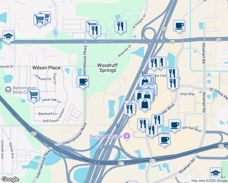 map of restaurants, bars, coffee shops, grocery stores, and more near 4937 Woodruff Springs Road in Sanford