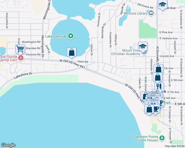 map of restaurants, bars, coffee shops, grocery stores, and more near 1200 Oakland Lane in Mount Dora