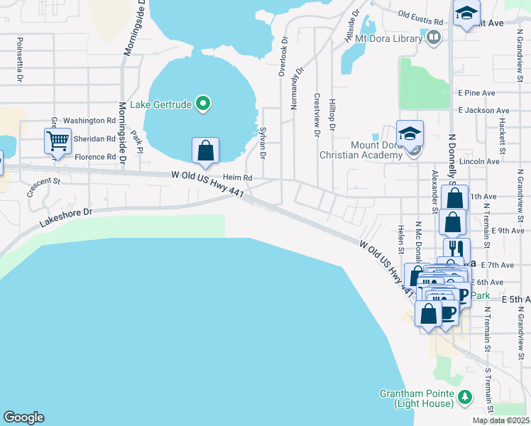 map of restaurants, bars, coffee shops, grocery stores, and more near 1188 Oakland Lane in Mount Dora