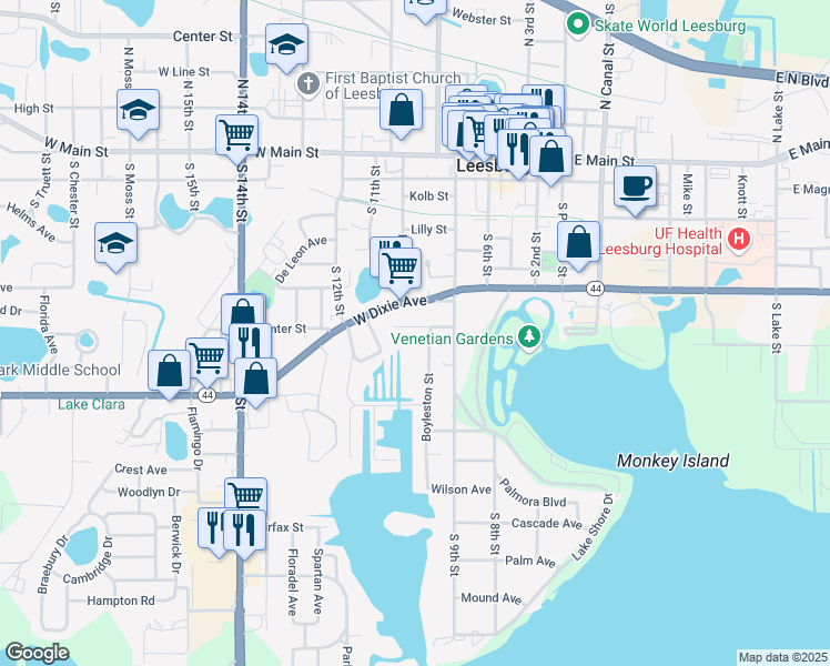 map of restaurants, bars, coffee shops, grocery stores, and more near 913 Sumter Street in Leesburg