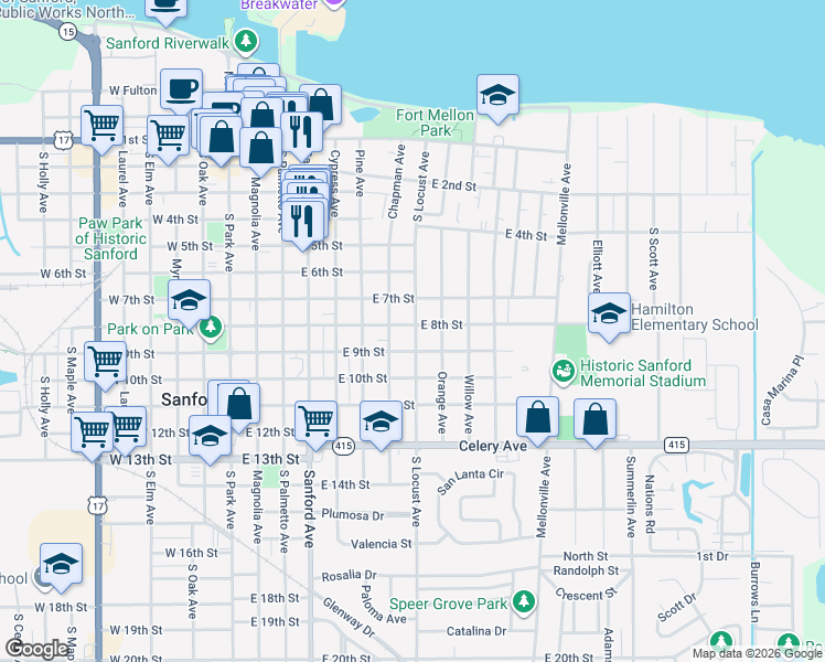 map of restaurants, bars, coffee shops, grocery stores, and more near 816 South Locust Avenue in Sanford