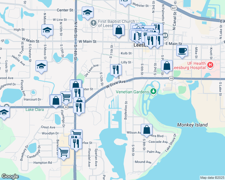 map of restaurants, bars, coffee shops, grocery stores, and more near 712 Marietta Street in Leesburg