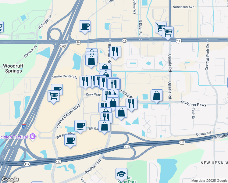 map of restaurants, bars, coffee shops, grocery stores, and more near 4585 St Johns Pkwy in Sanford