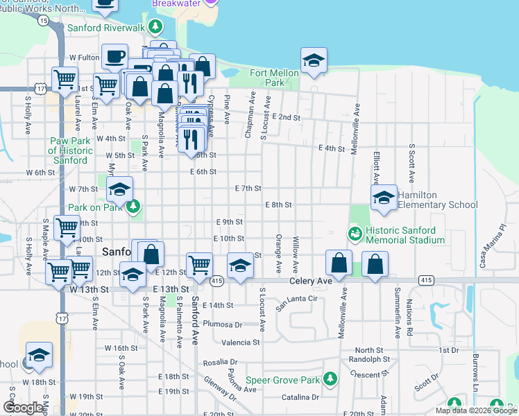 map of restaurants, bars, coffee shops, grocery stores, and more near 816 South Locust Avenue in Sanford