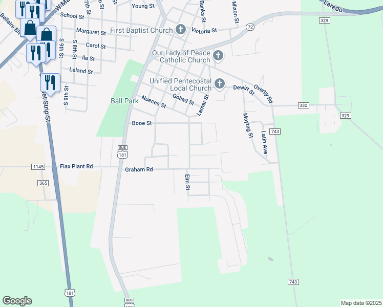 map of restaurants, bars, coffee shops, grocery stores, and more near 301 Graham Road in Kenedy