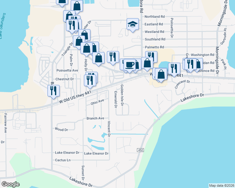 map of restaurants, bars, coffee shops, grocery stores, and more near 1165 Ruby Drive in Mount Dora