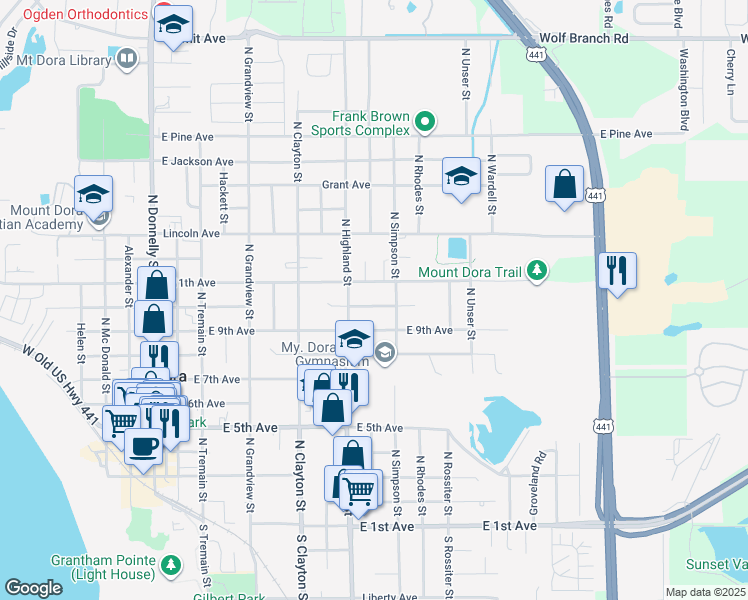 map of restaurants, bars, coffee shops, grocery stores, and more near 929 East 10th Avenue in Mount Dora