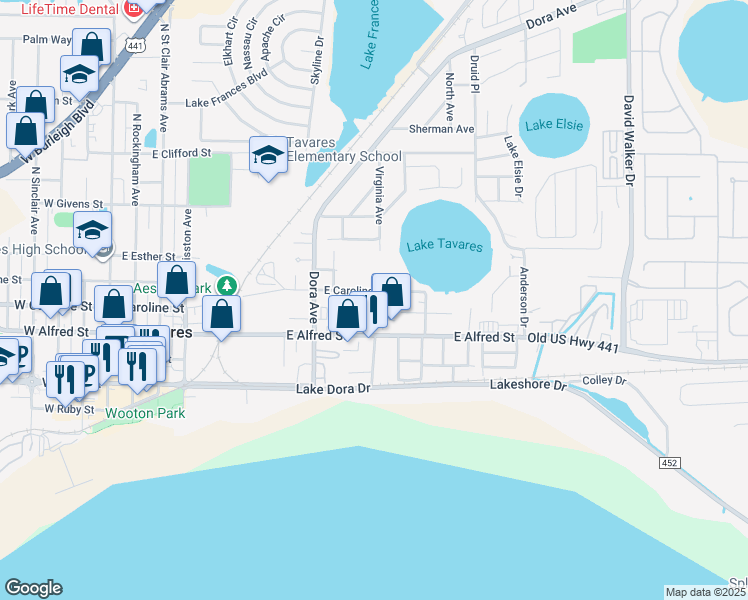 map of restaurants, bars, coffee shops, grocery stores, and more near 1100 East Caroline Street in Tavares