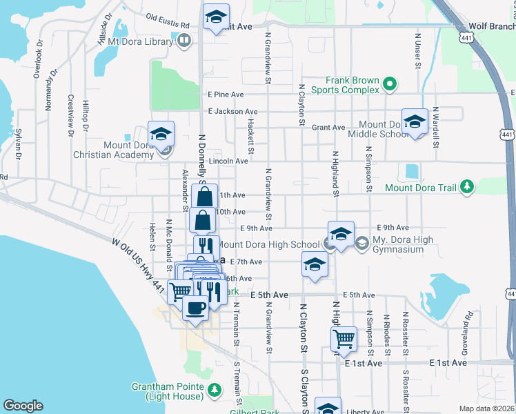 map of restaurants, bars, coffee shops, grocery stores, and more near 315 East 11th Avenue in Mount Dora