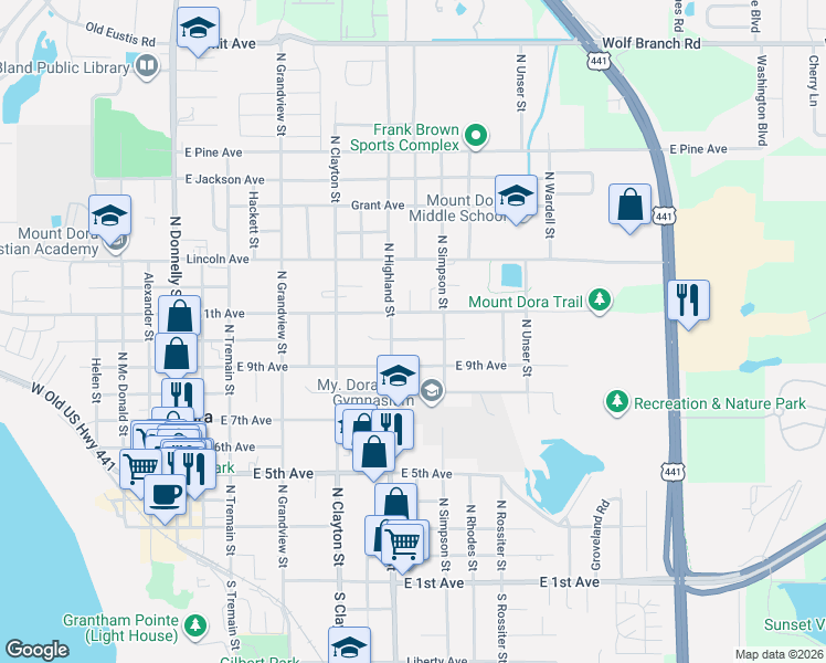 map of restaurants, bars, coffee shops, grocery stores, and more near 911 East 11th Avenue in Mount Dora