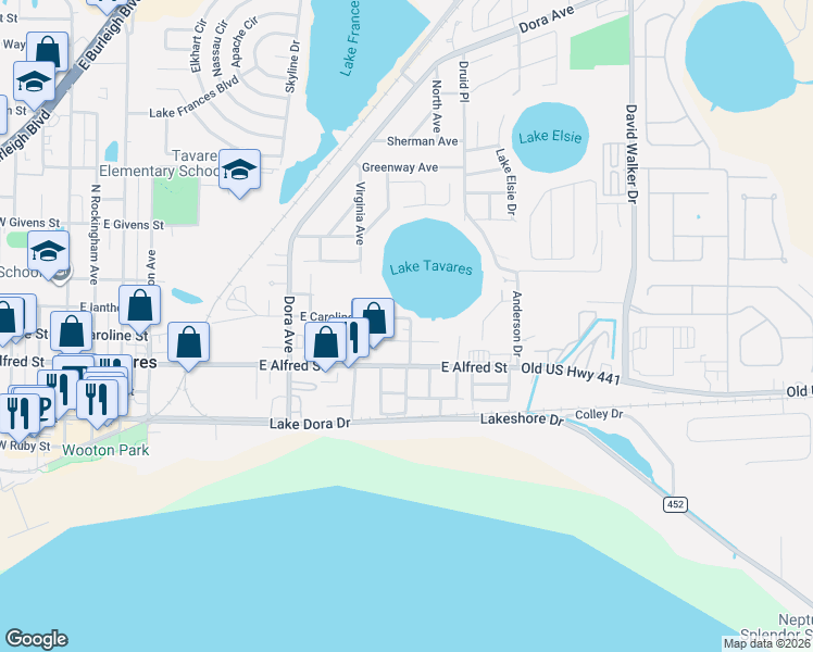 map of restaurants, bars, coffee shops, grocery stores, and more near 1214 East Caroline Street in Tavares