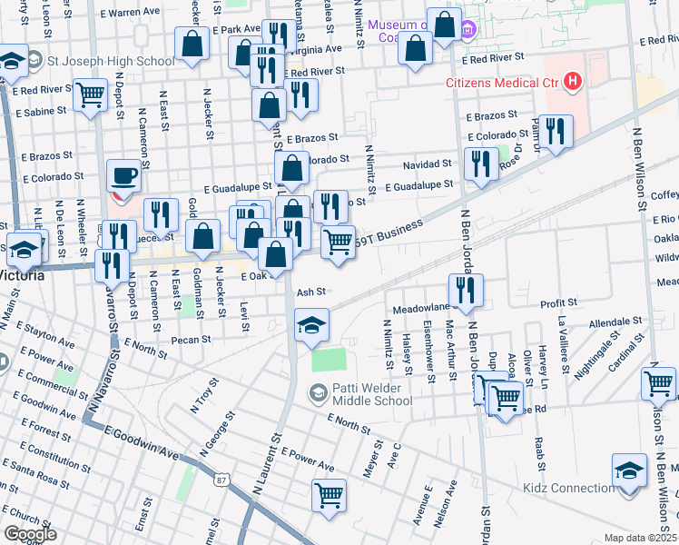 map of restaurants, bars, coffee shops, grocery stores, and more near 1505 East Rio Grande Street in Victoria