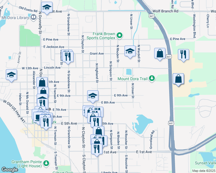 map of restaurants, bars, coffee shops, grocery stores, and more near 1130 Robin Hood Court in Mount Dora
