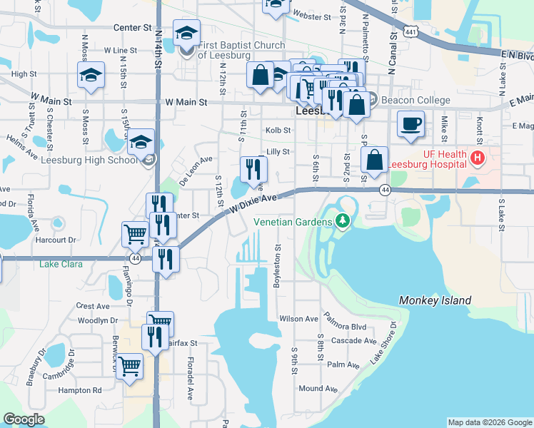 map of restaurants, bars, coffee shops, grocery stores, and more near 913 West Dixie Avenue in Leesburg