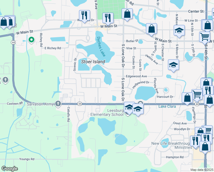 map of restaurants, bars, coffee shops, grocery stores, and more near 2302 West Coach N' 4 Drive in Leesburg