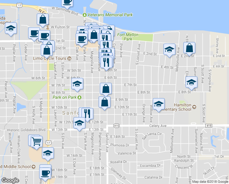 map of restaurants, bars, coffee shops, grocery stores, and more near 498 East 8th Street in Sanford