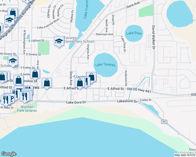 map of restaurants, bars, coffee shops, grocery stores, and more near 1214 East Caroline Street in Tavares