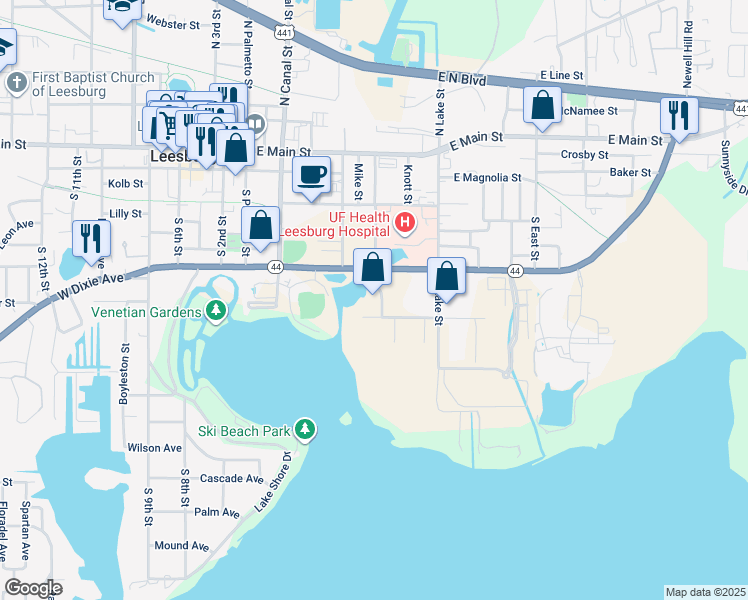 map of restaurants, bars, coffee shops, grocery stores, and more near 601 East Dixie Avenue in Leesburg