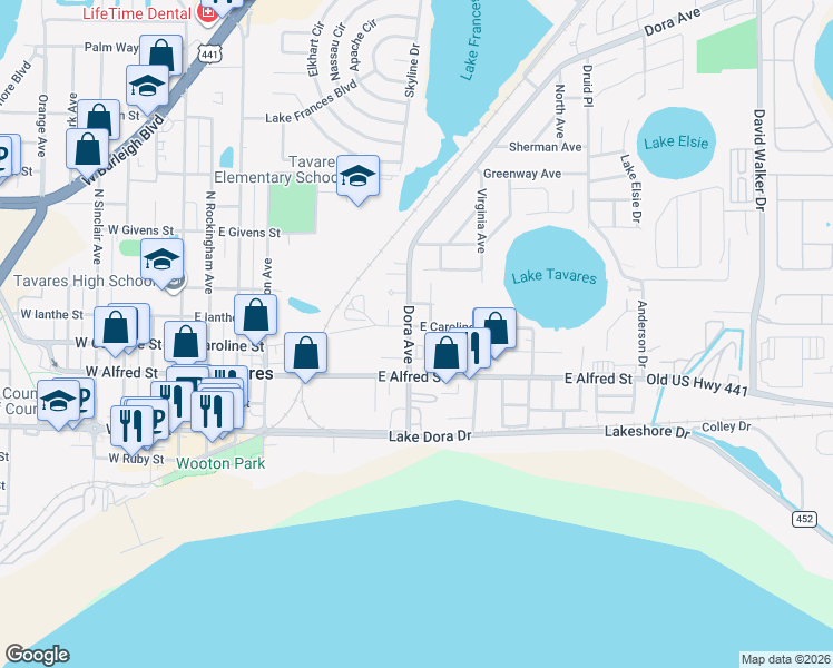 map of restaurants, bars, coffee shops, grocery stores, and more near 501 Ridge Place in Tavares