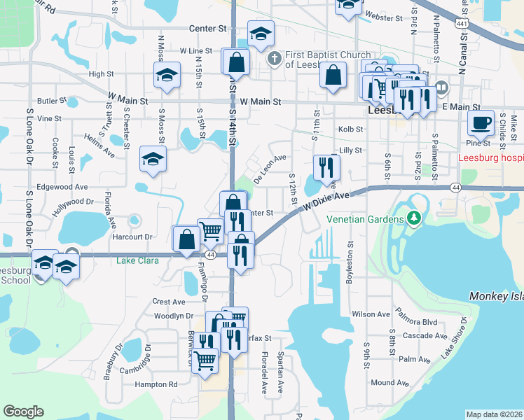 map of restaurants, bars, coffee shops, grocery stores, and more near 1314 Sumter Street in Leesburg
