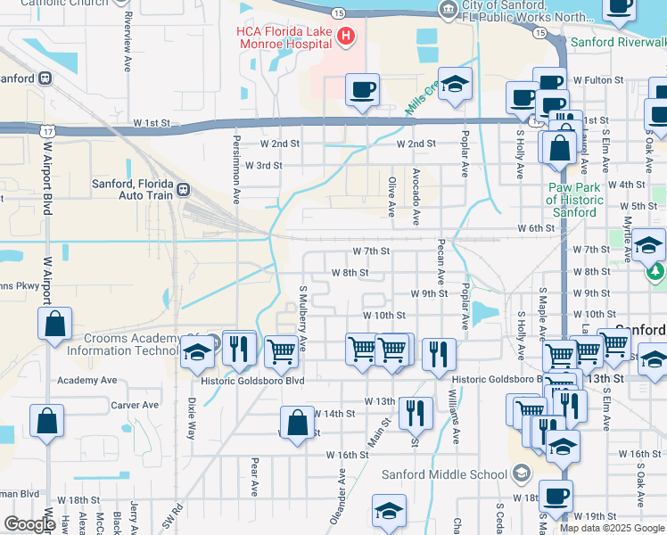 map of restaurants, bars, coffee shops, grocery stores, and more near 1415 West 7th Street in Sanford