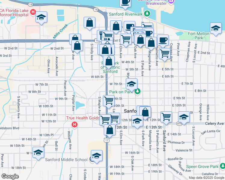 map of restaurants, bars, coffee shops, grocery stores, and more near 701 South French Avenue in Sanford