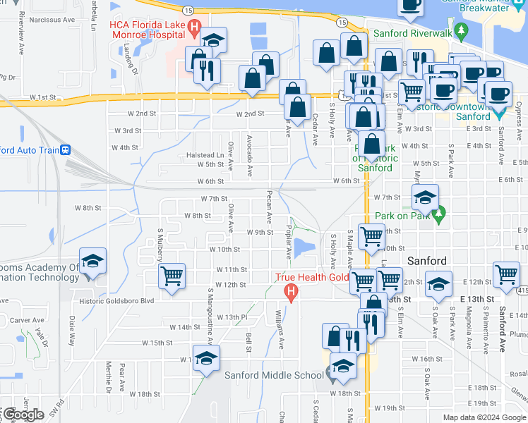 map of restaurants, bars, coffee shops, grocery stores, and more near 701 Pecan Avenue in Sanford