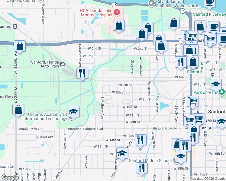 map of restaurants, bars, coffee shops, grocery stores, and more near 1415 West 7th Street in Sanford