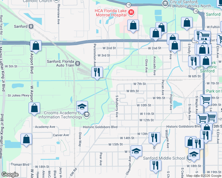 map of restaurants, bars, coffee shops, grocery stores, and more near 1716 West 8th Street in Sanford