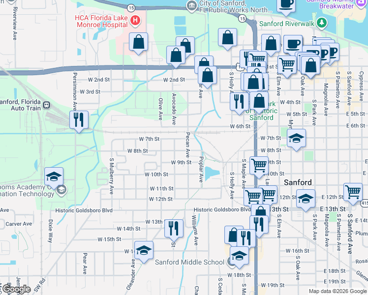 map of restaurants, bars, coffee shops, grocery stores, and more near 701 Pecan Avenue in Sanford