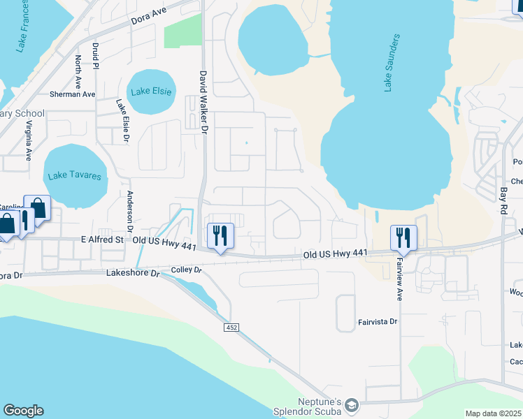 map of restaurants, bars, coffee shops, grocery stores, and more near 2239 Bexley Drive in Tavares