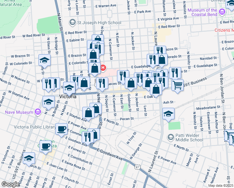 map of restaurants, bars, coffee shops, grocery stores, and more near 604 East Rio Grande Street in Victoria