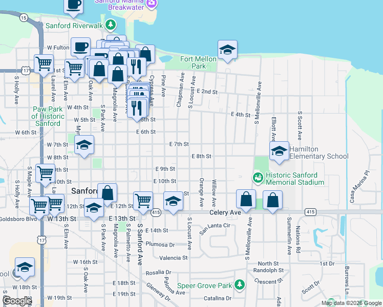 map of restaurants, bars, coffee shops, grocery stores, and more near 706 South Locust Avenue in Sanford