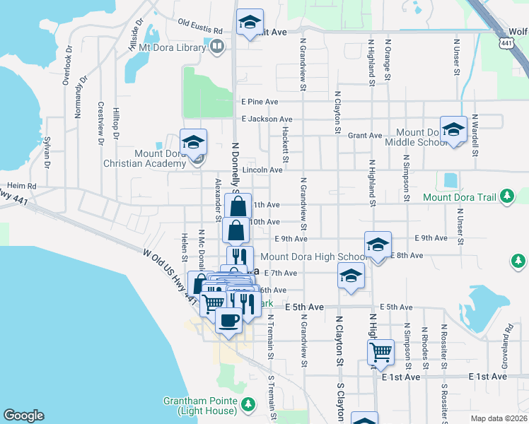 map of restaurants, bars, coffee shops, grocery stores, and more near 219 East 11th Avenue in Mount Dora