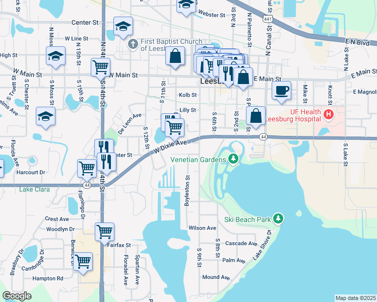 map of restaurants, bars, coffee shops, grocery stores, and more near 913 West Dixie Avenue in Leesburg