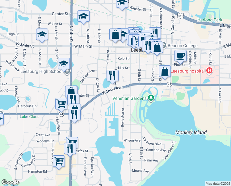 map of restaurants, bars, coffee shops, grocery stores, and more near 1017 West Dixie Avenue in Leesburg