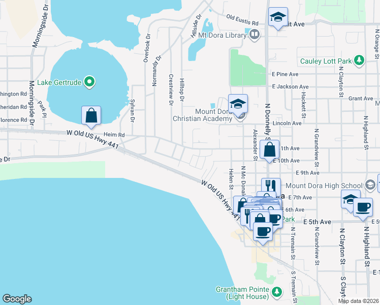 map of restaurants, bars, coffee shops, grocery stores, and more near 668 Clark Court in Mount Dora