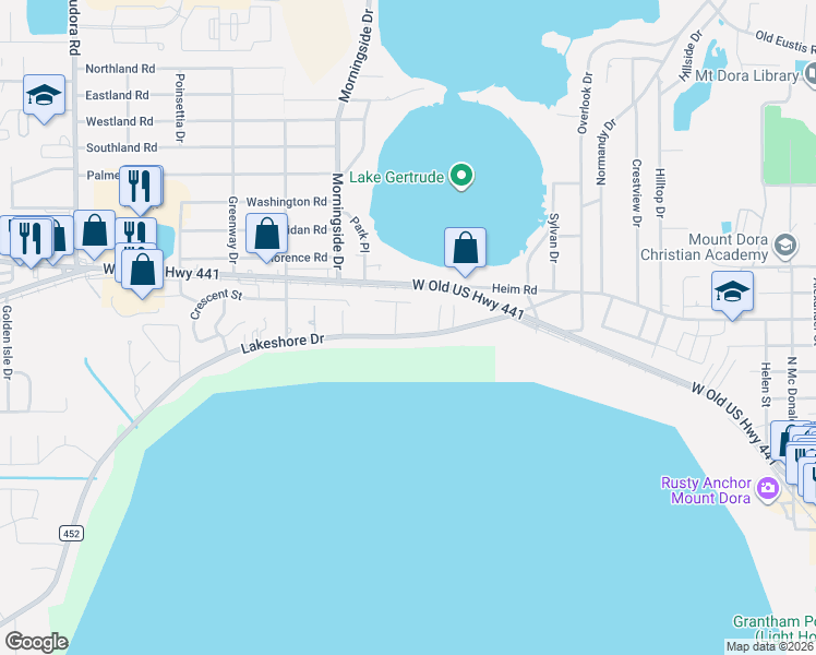map of restaurants, bars, coffee shops, grocery stores, and more near 1701 Lakeshore Drive in Mount Dora