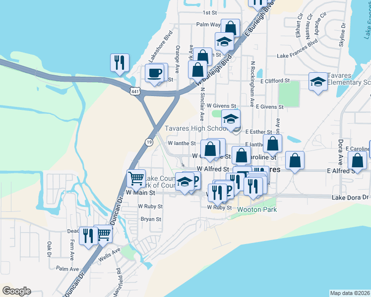 map of restaurants, bars, coffee shops, grocery stores, and more near 417 West Ianthe Street in Tavares